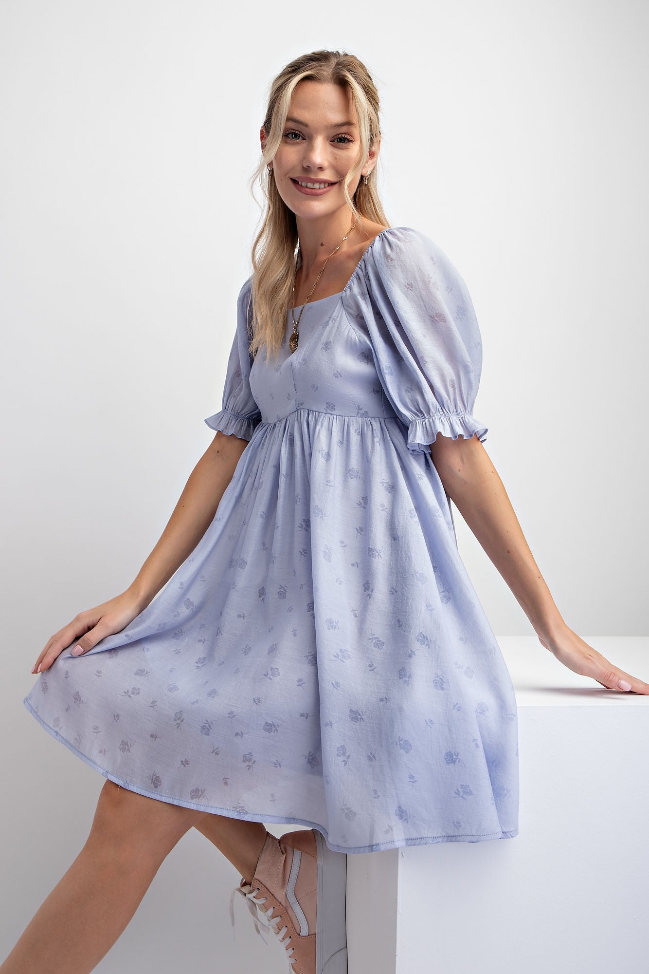 Light Blue Floral Puff Sleeve Maternity Dress