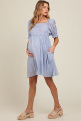 Light Blue Floral Puff Sleeve Maternity Dress