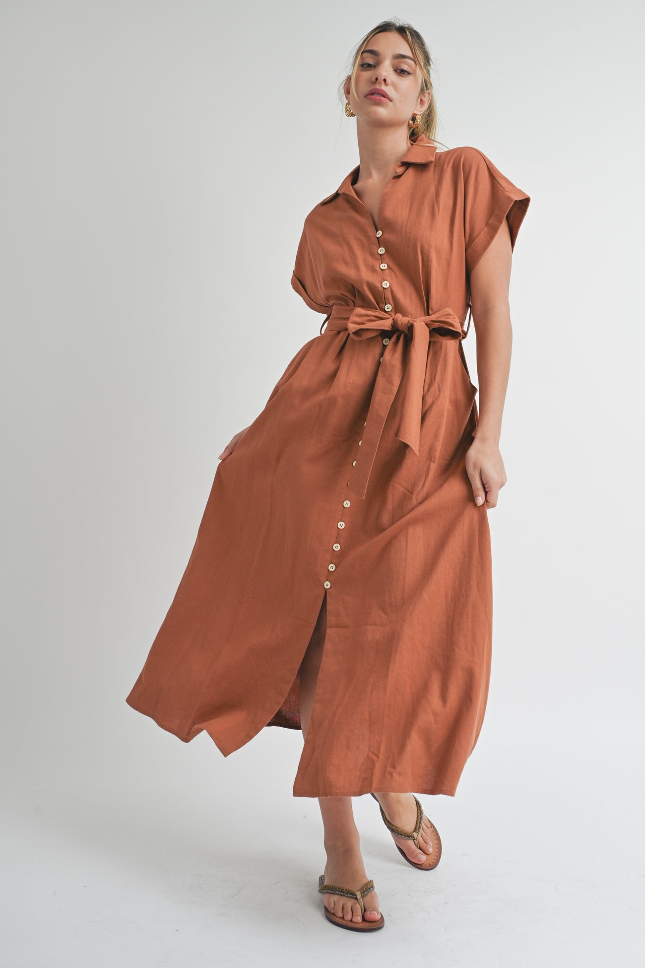 Rust Collared Front Button Maternity Midi Dress