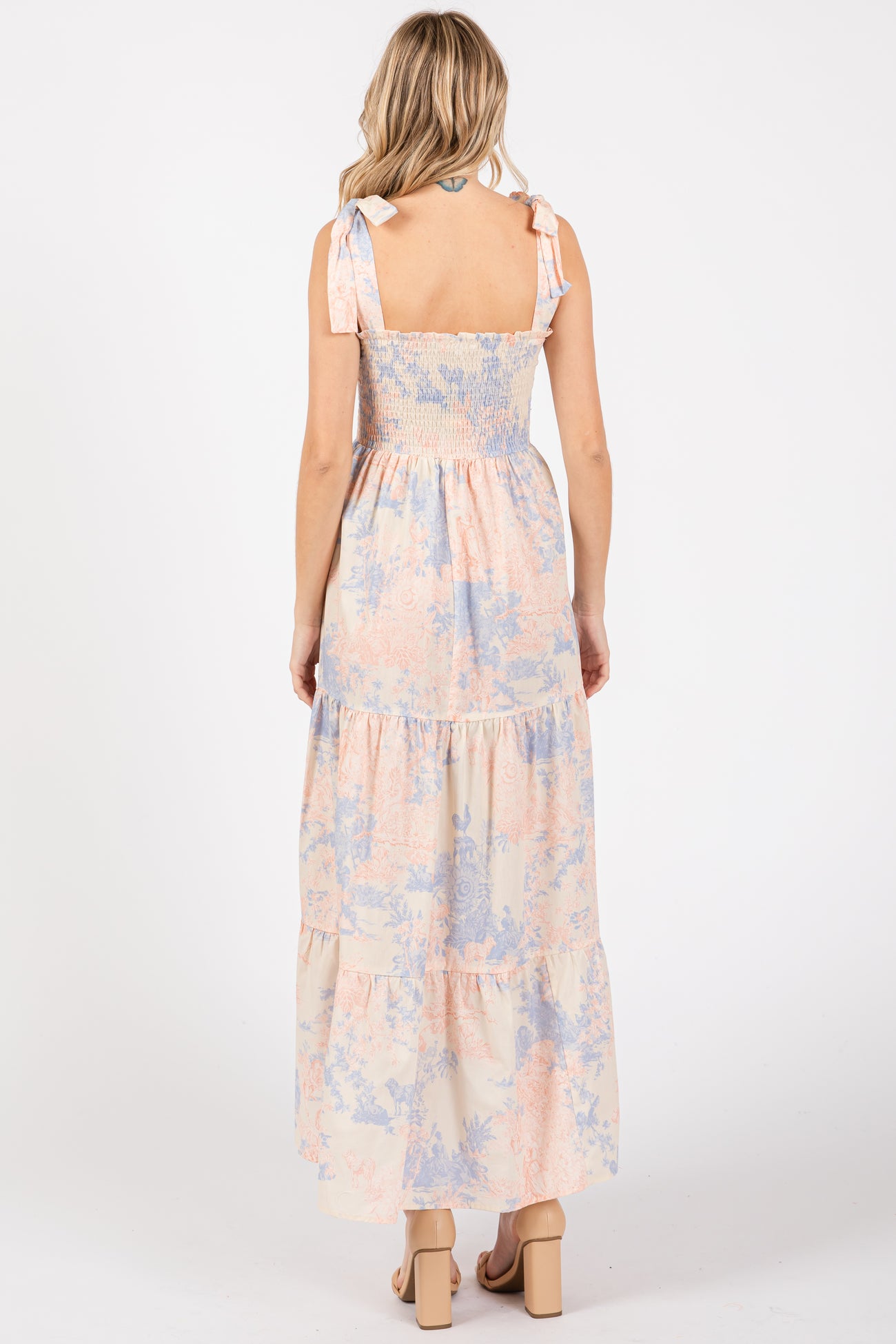 Multicolor Pastel Print Shoulder Tie Tiered Midi Dress
