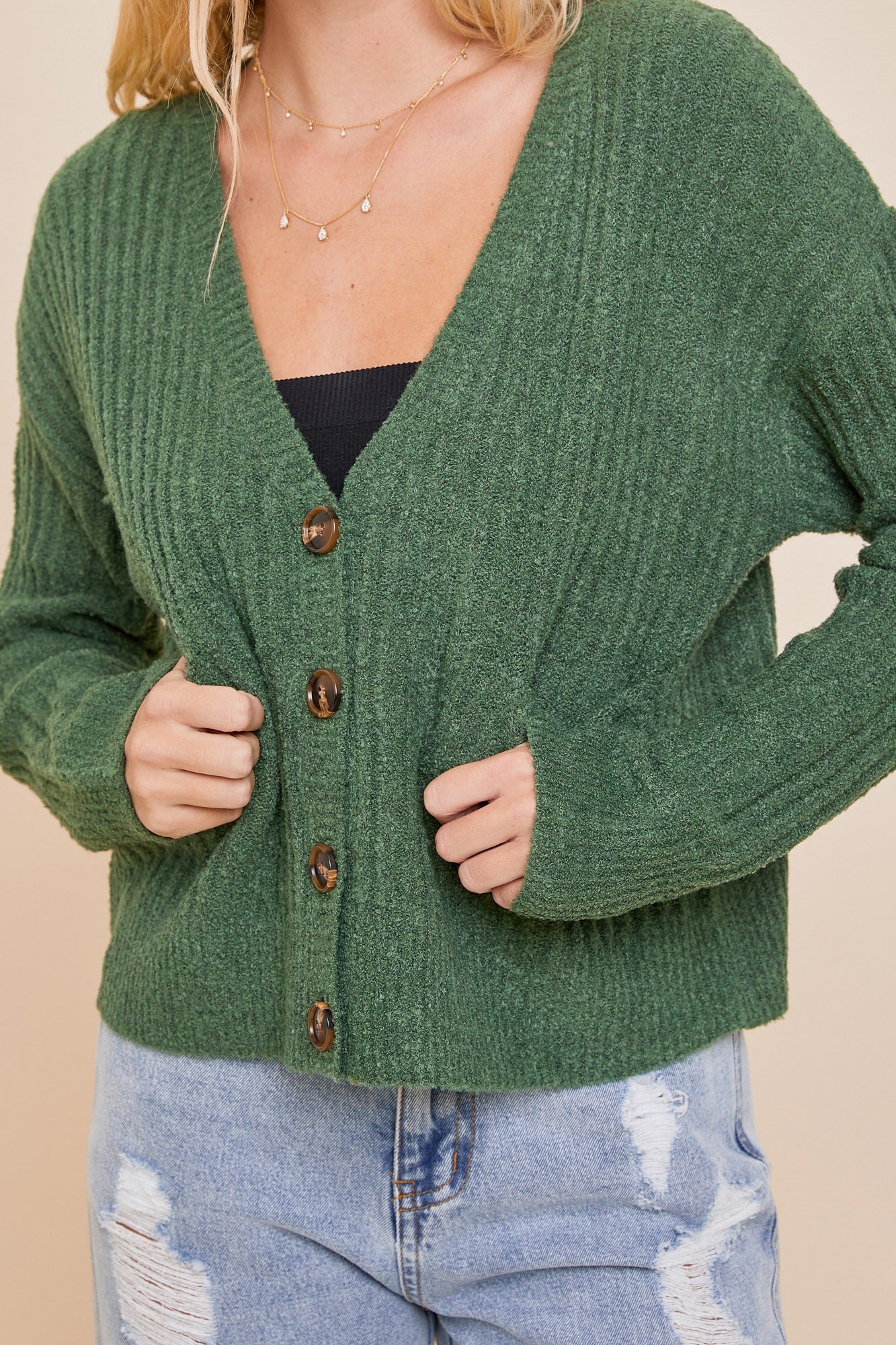 Green V-Neck Pocket Cardigan Top