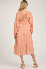 Peach Criss Cross Front Square Neck Long Sleeve Maternity Midi Dress