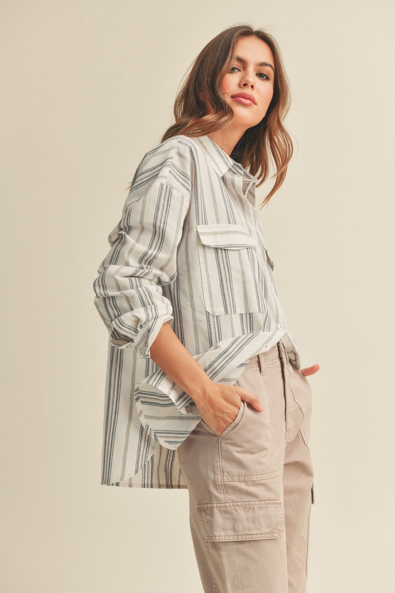Ivory Striped Front Pocket Button Up Top