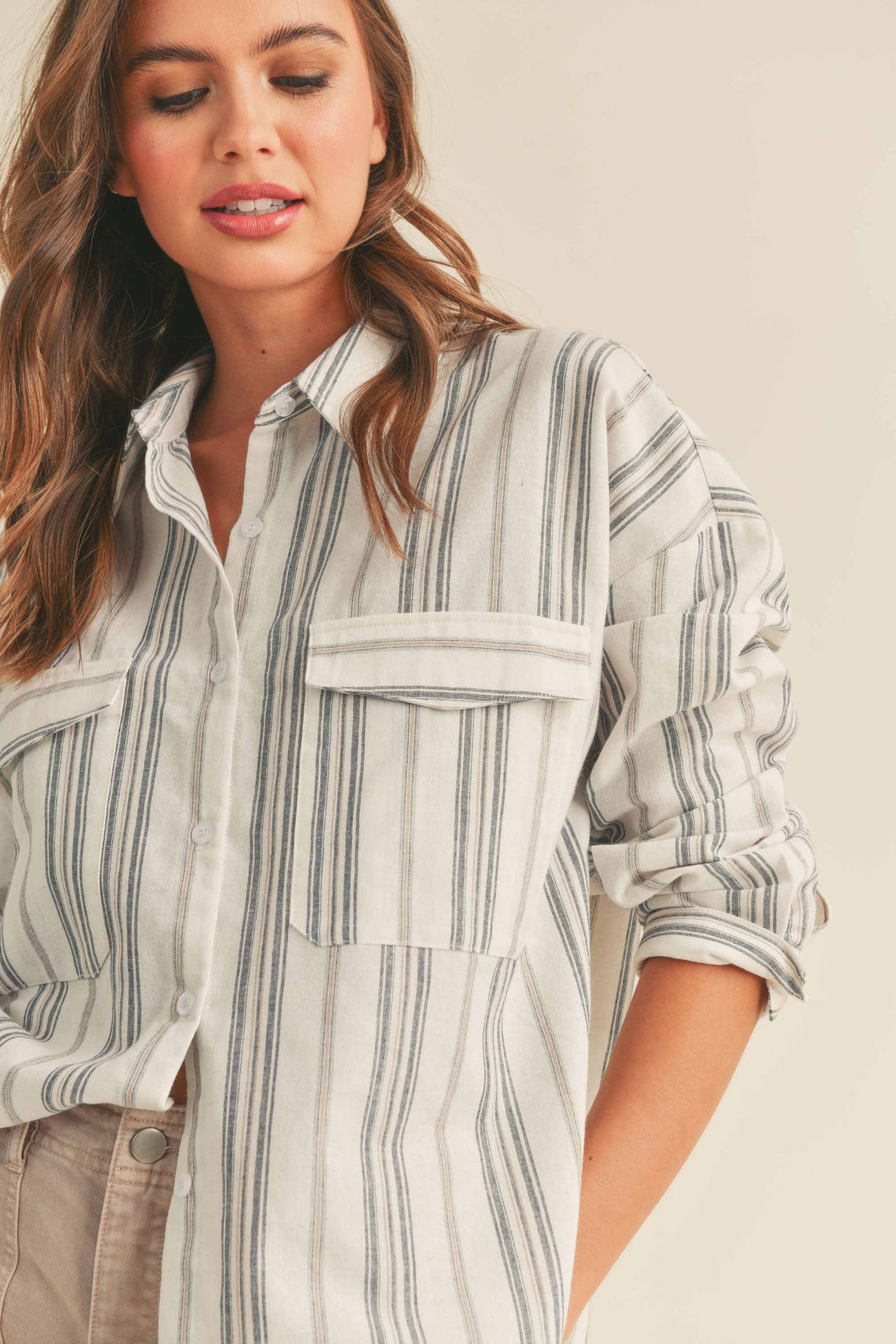 Ivory Striped Front Pocket Button Up Top