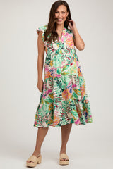 Green Floral Flutter Sleeve Tiered Maternity Midi Dress