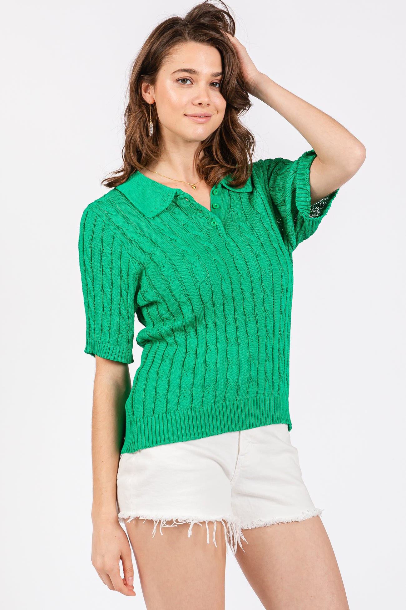 Green Knit Button Collared Top
