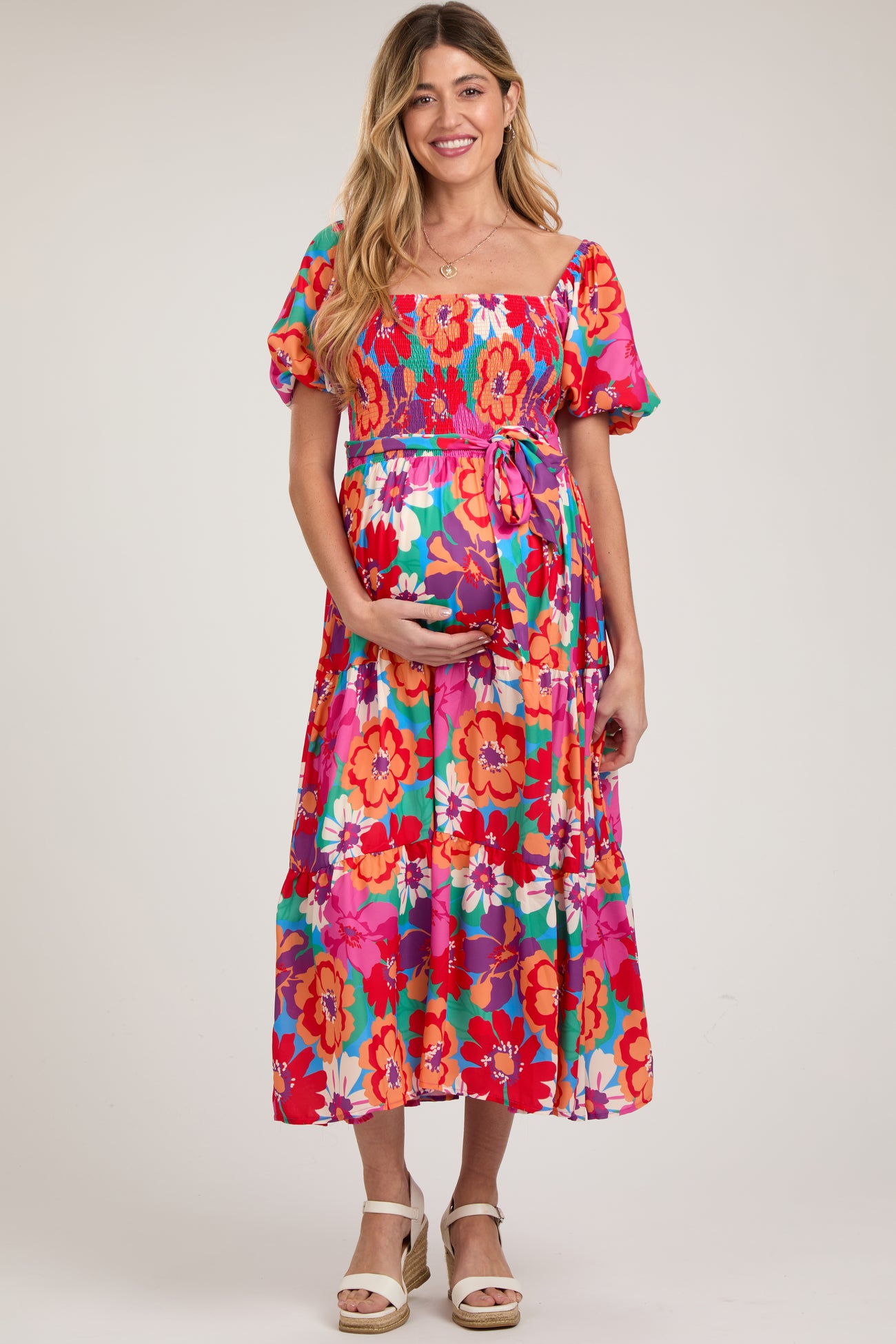 Red Floral Square Neck Smocked Tiered Maternity Midi Dress