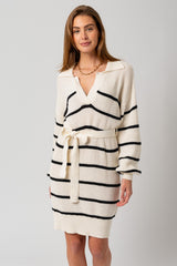 White-Black Striped Knit Collared Long Sleeve Sweater Dress