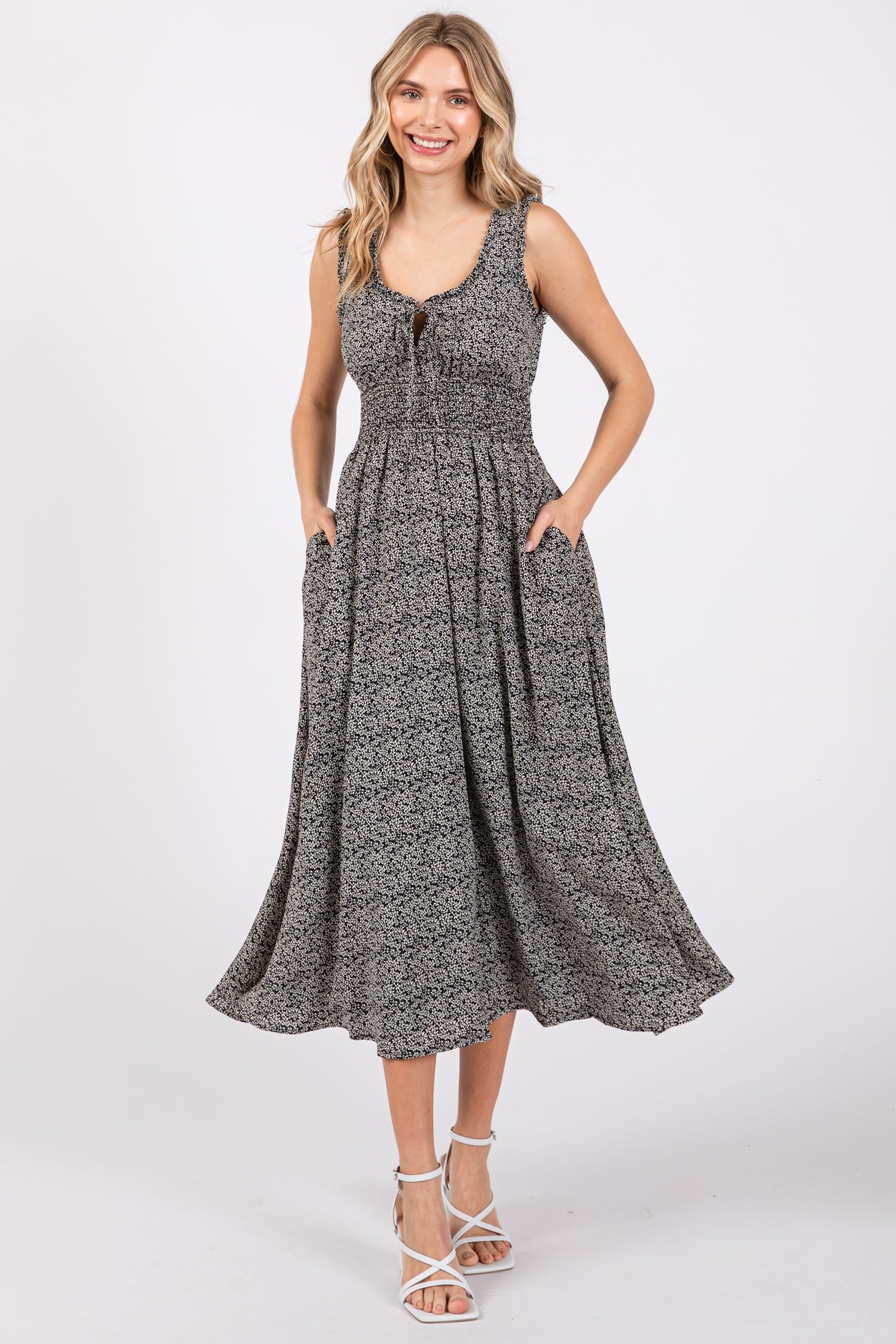 Black Floral Sleeveless Smocked Waist Midi Dress