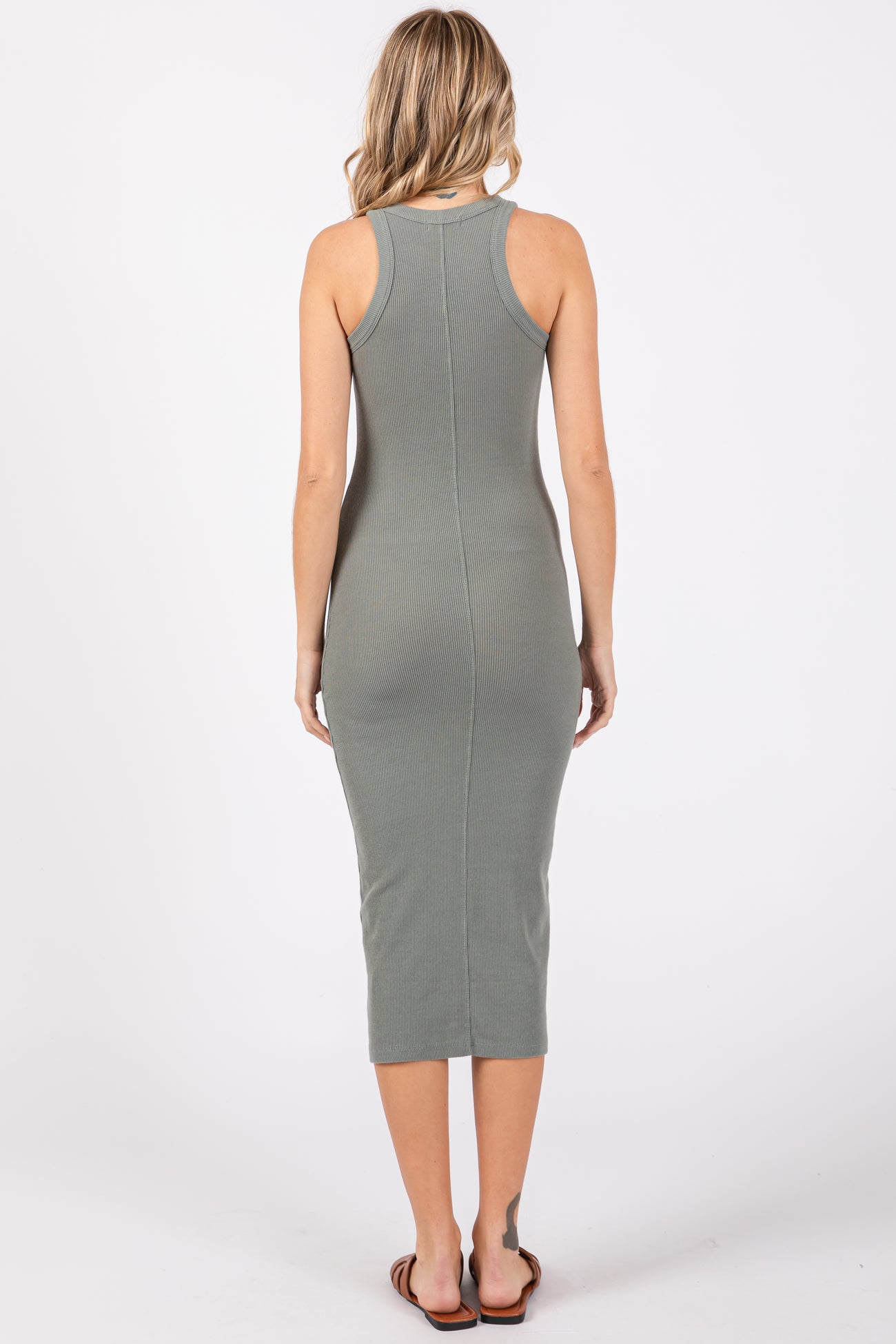 Sage Sleeveless Ribbed Fitted Midi Dress