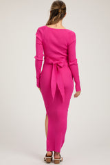 Fuchsia Rib Knit Long Sleeve Maternity Maxi Dress