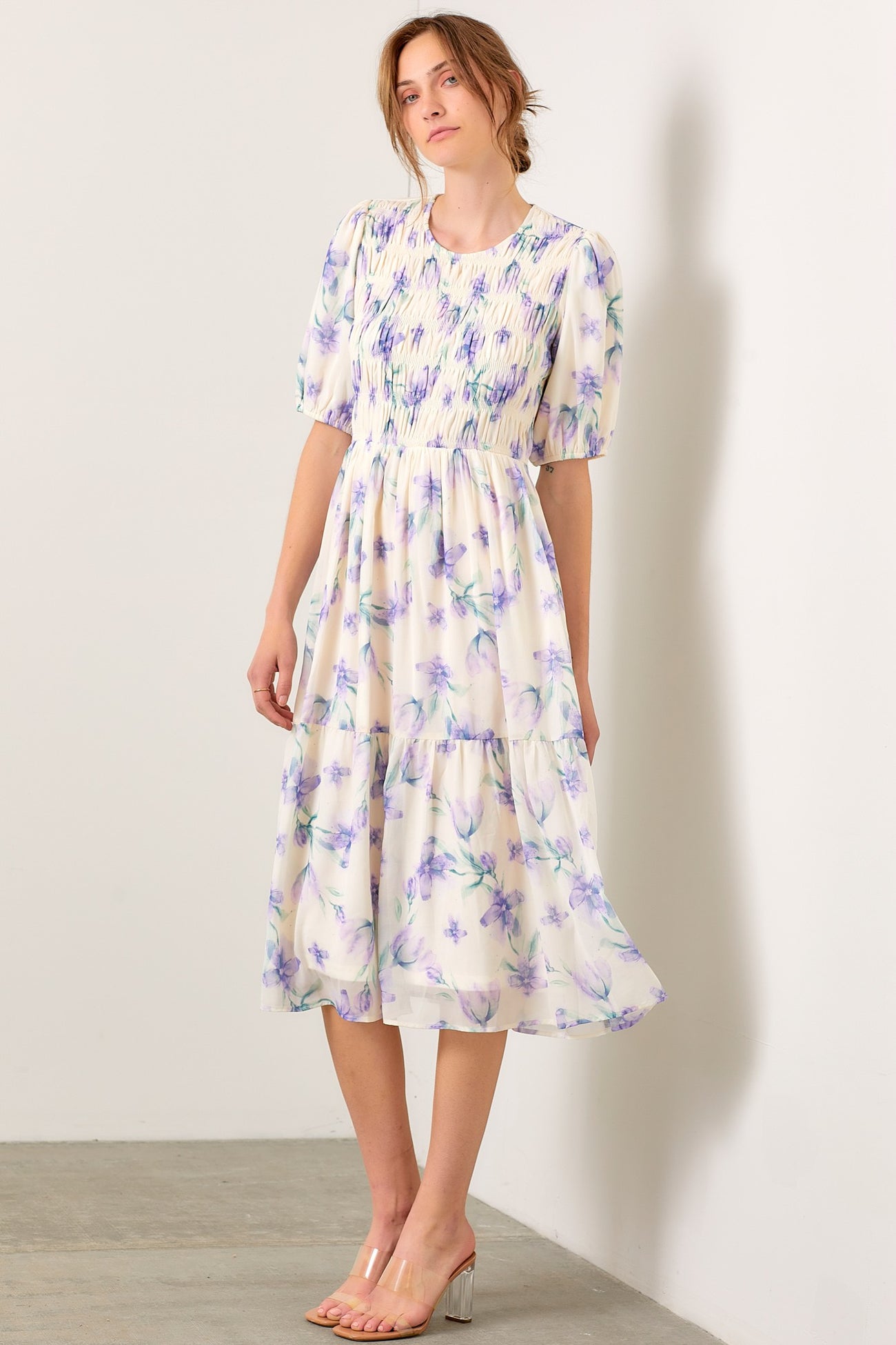 Cream Smocked Ruffle Hem Maternity Midi Dress