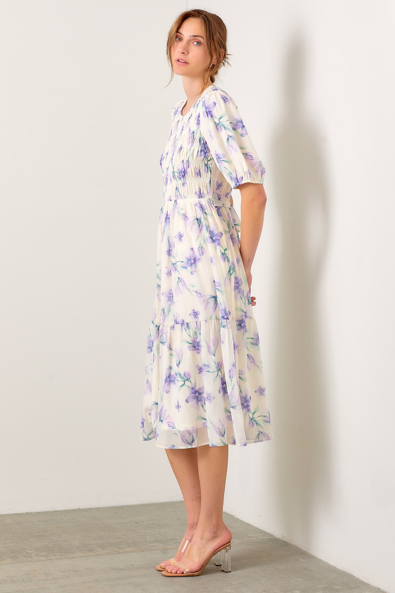Cream Smocked Ruffle Hem Midi Dress