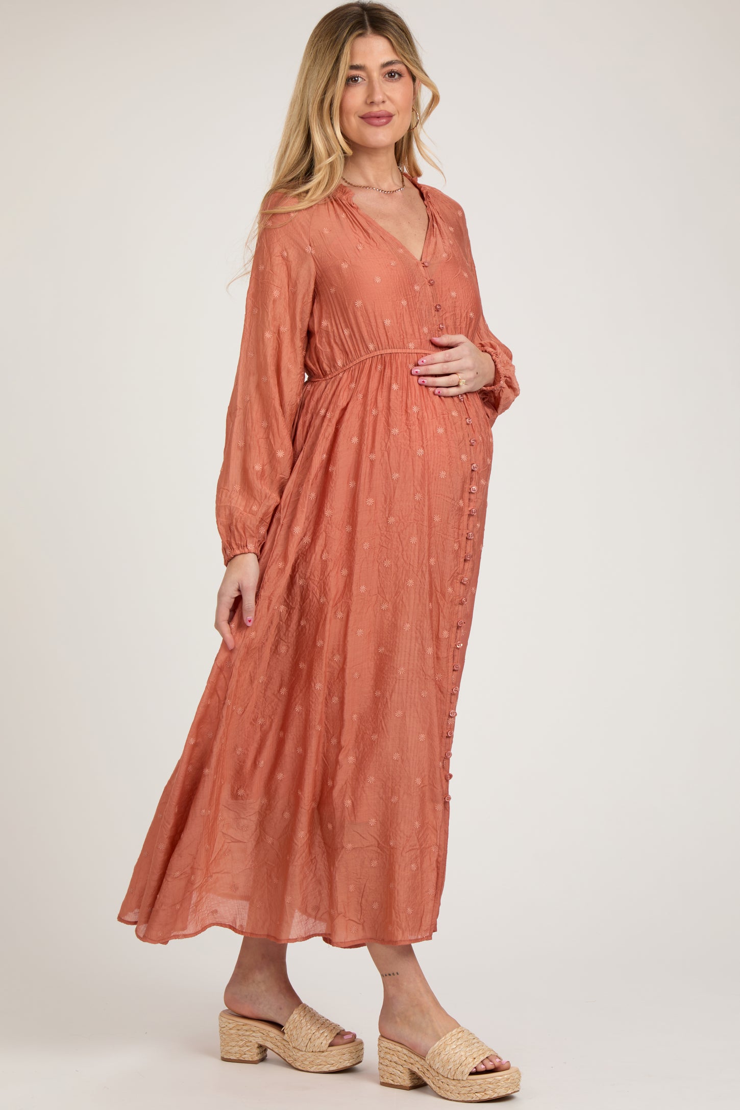 Rust Embroidered Maternity Button Down Maxi Dress