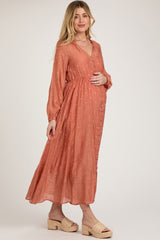 Rust Embroidered Maternity Button Down Maxi Dress