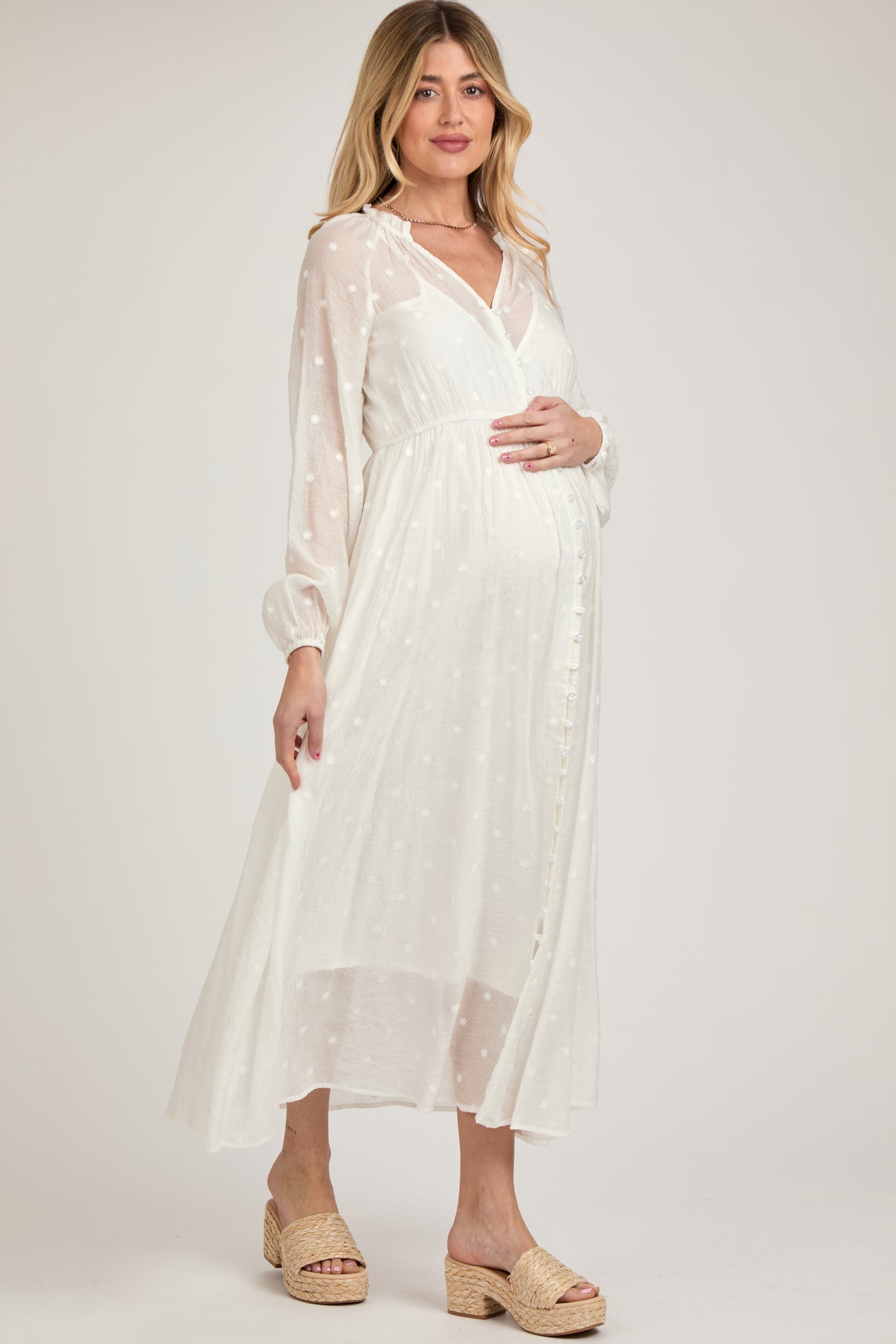 Ivory Embroidered Maternity Button Down Maxi Dress