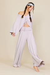 Grey Ribbed Foldover Waist Maternity Wide Leg Pants