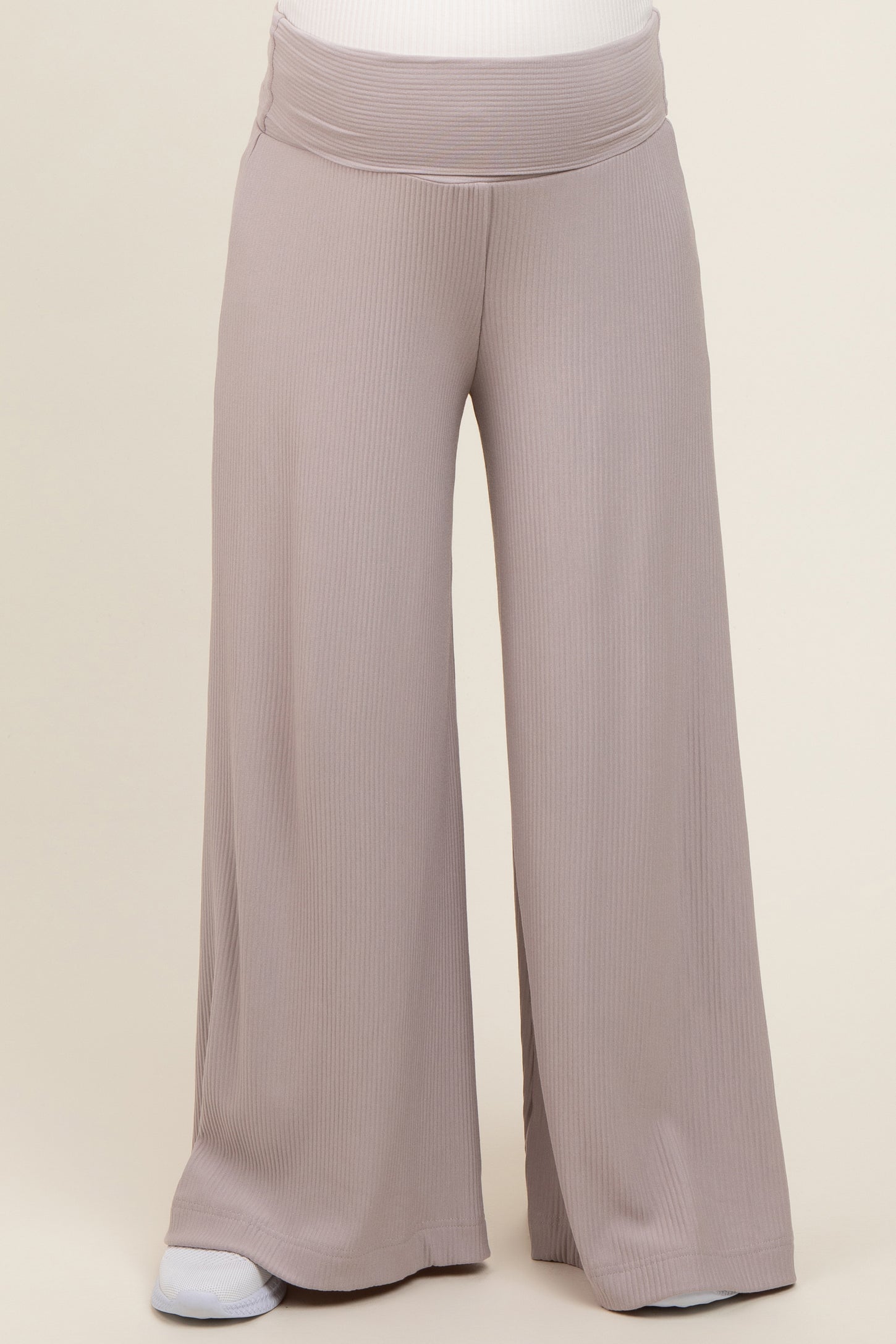 Grey Ribbed Foldover Waist Maternity Wide Leg Pants
