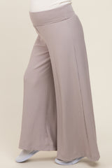 Grey Ribbed Foldover Waist Maternity Wide Leg Pants