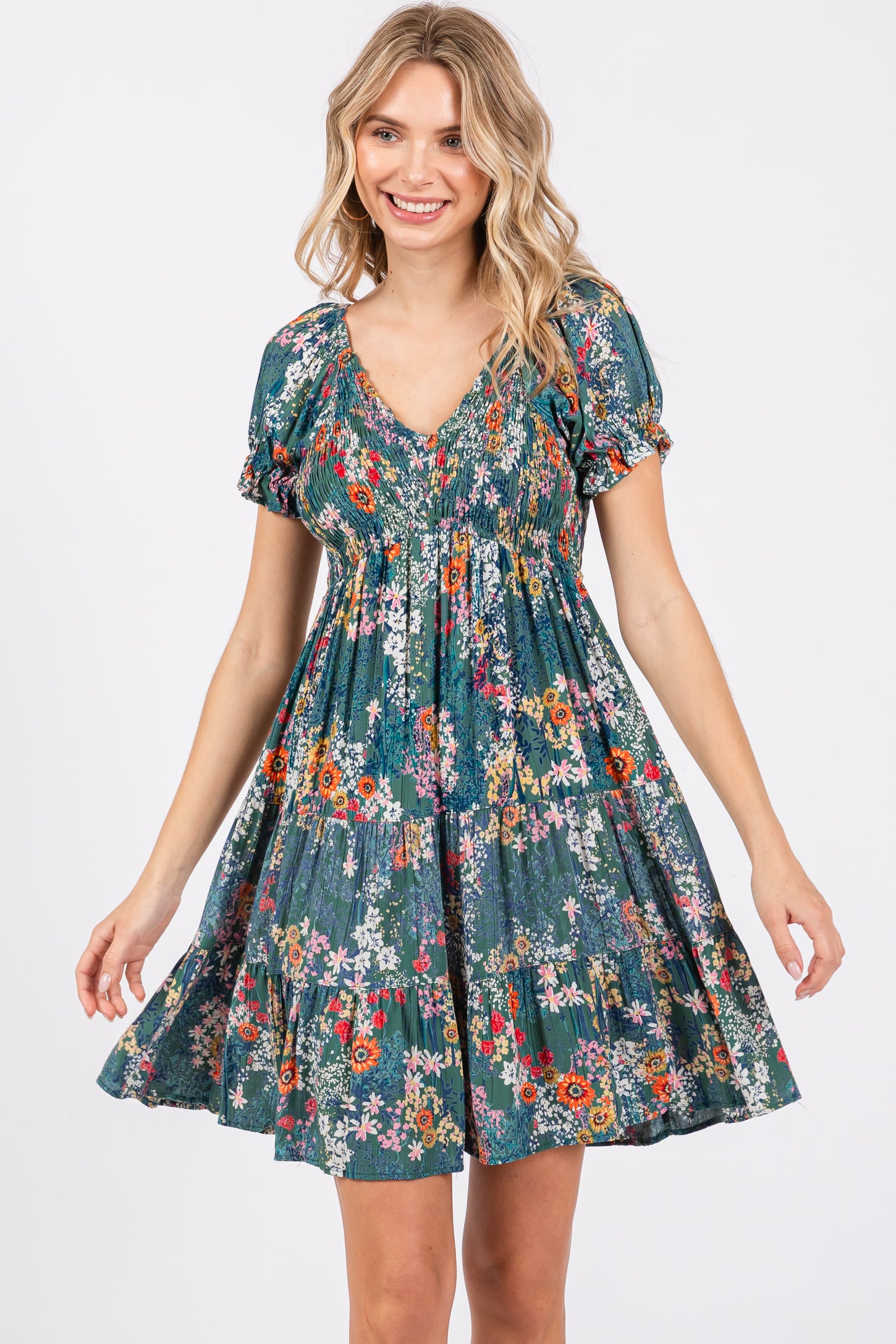Teal Floral Smocked V-Neck Short Sleeve Maternity Dress
