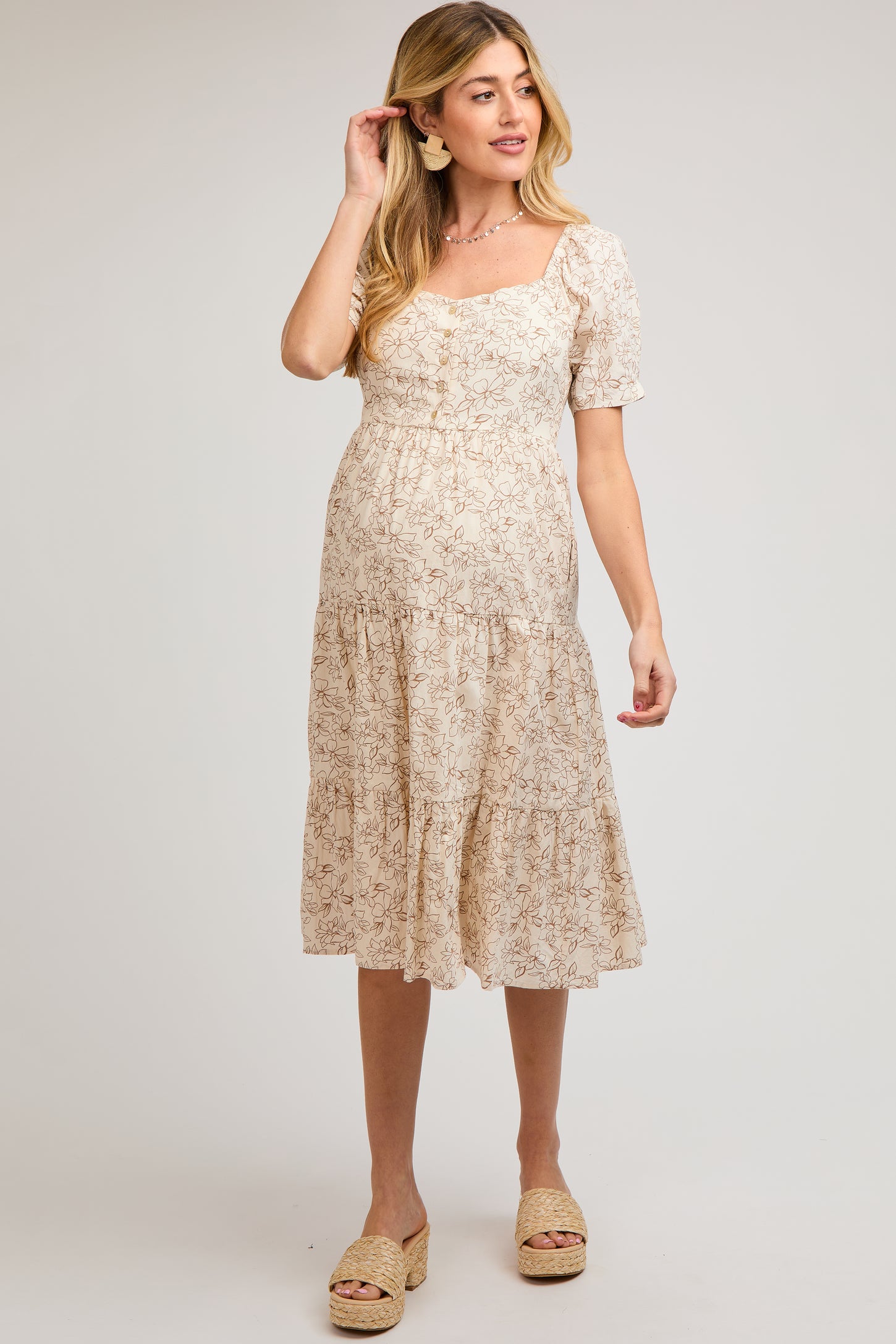 Taupe Floral Square Neck Tiered Maternity Midi Dress