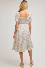 Blue Floral Square Neck Tiered Maternity Midi Dress