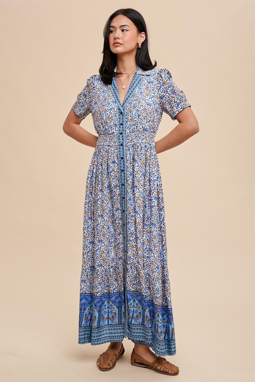 Blue Floral Button Up Maternity Midi Dress