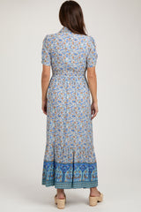 Blue Floral Button Up Maternity Midi Dress