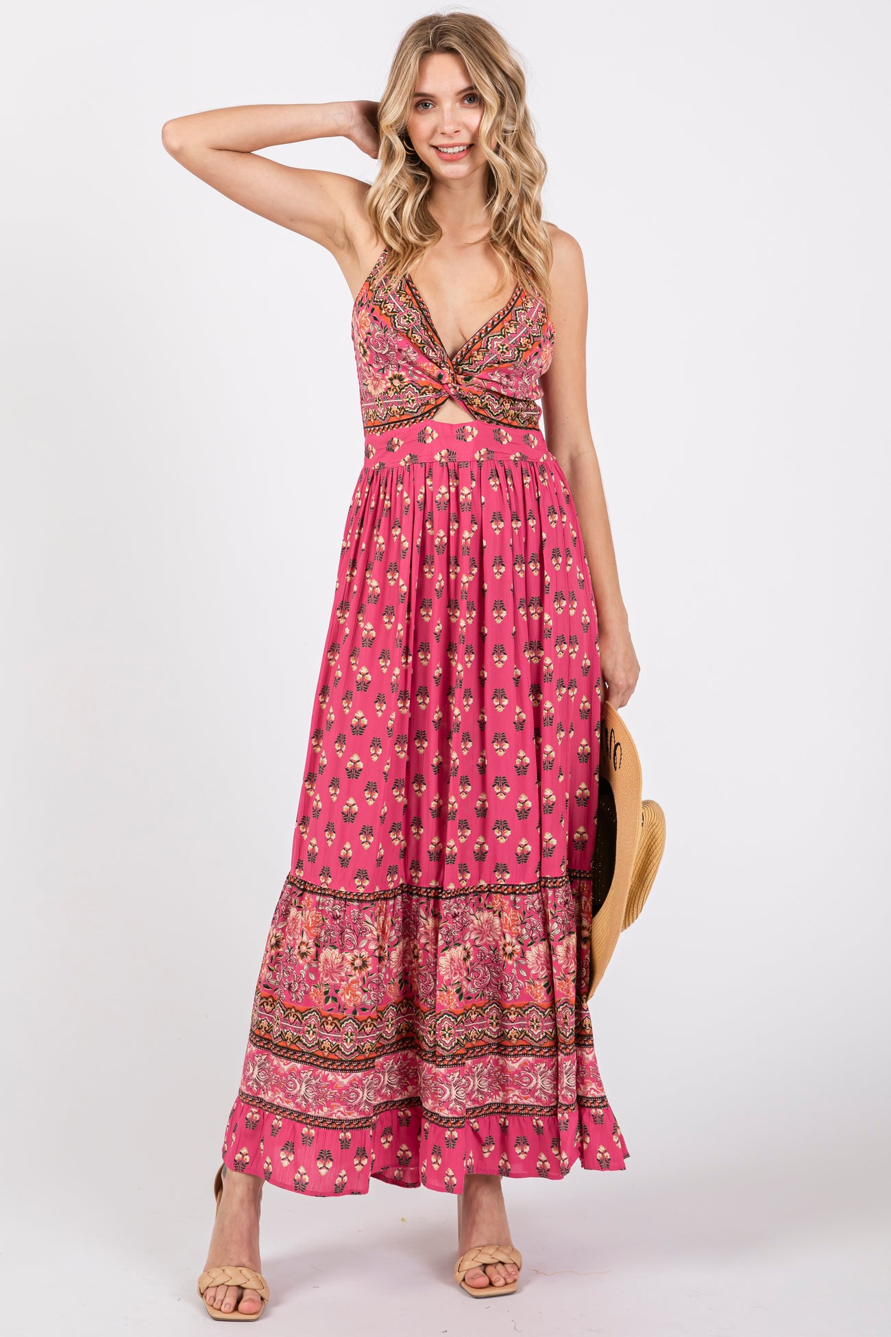 Fuchsia Floral Cutout Maxi Dress