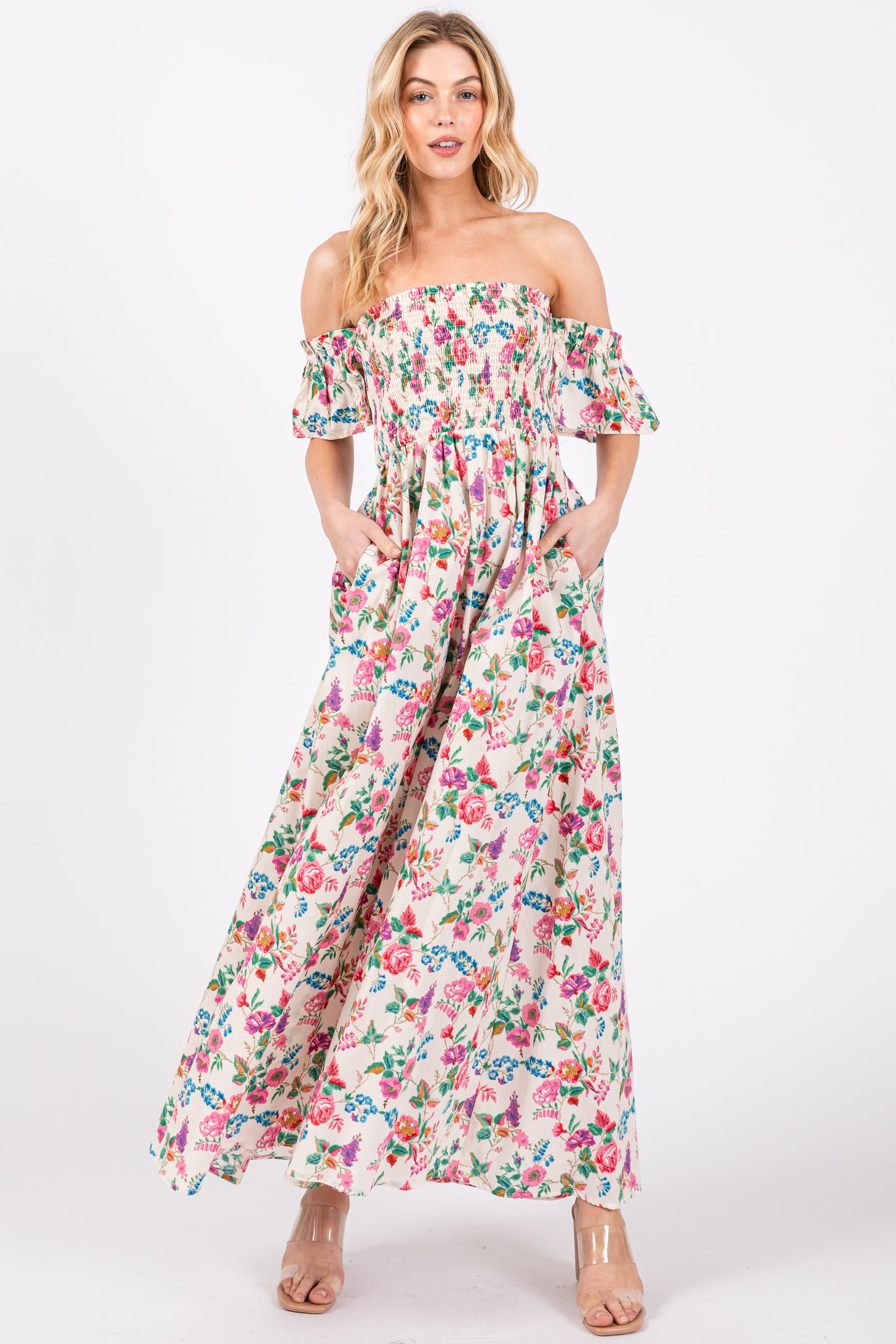 Cream Floral Off Shoulder Dress