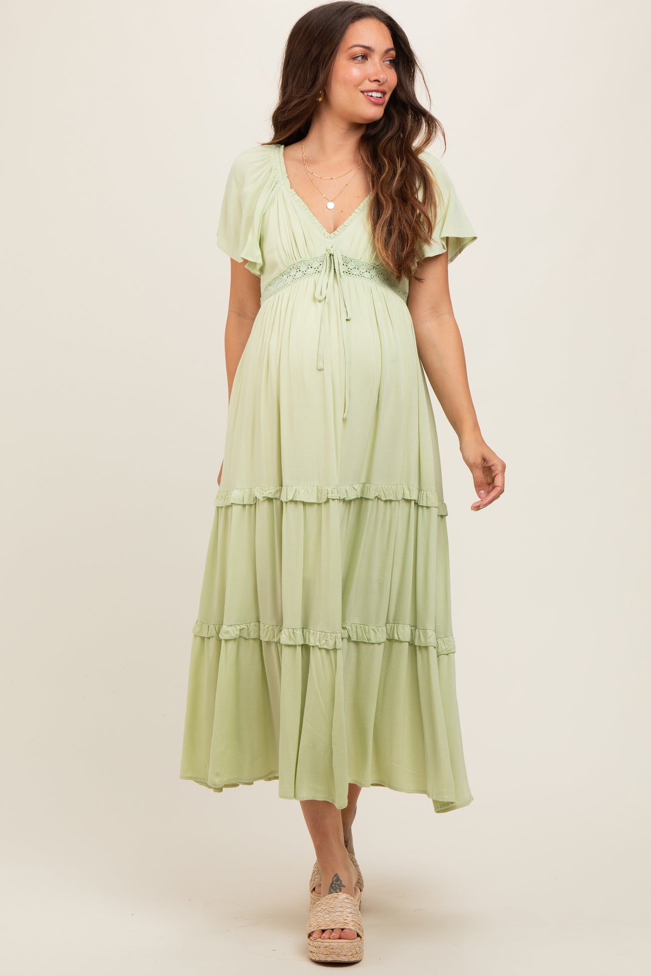 Sage Crochet Lace Tiered Ruffle Maternity Maxi Dress