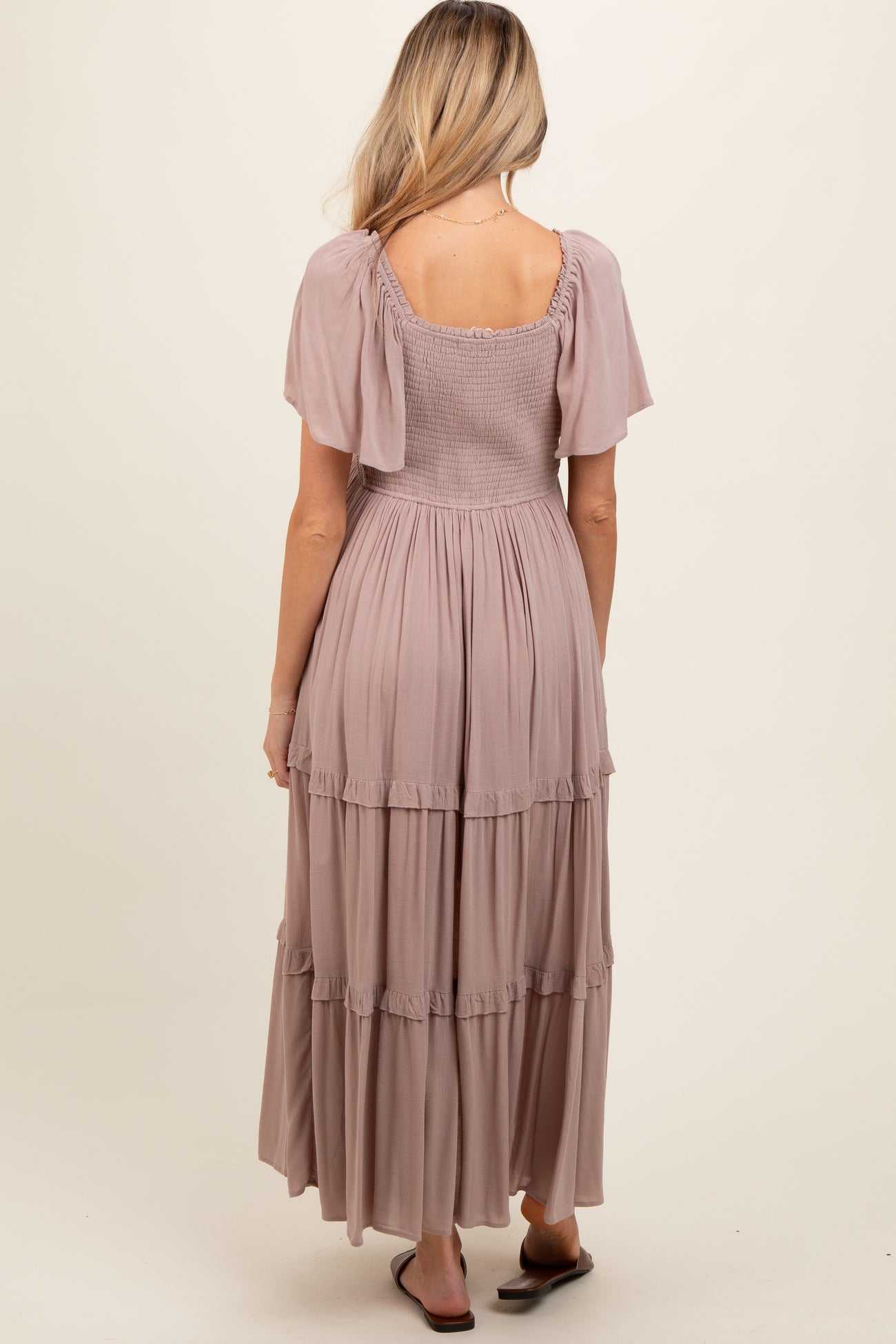 Mocha Crochet Lace Tiered Ruffle Maternity Maxi Dress