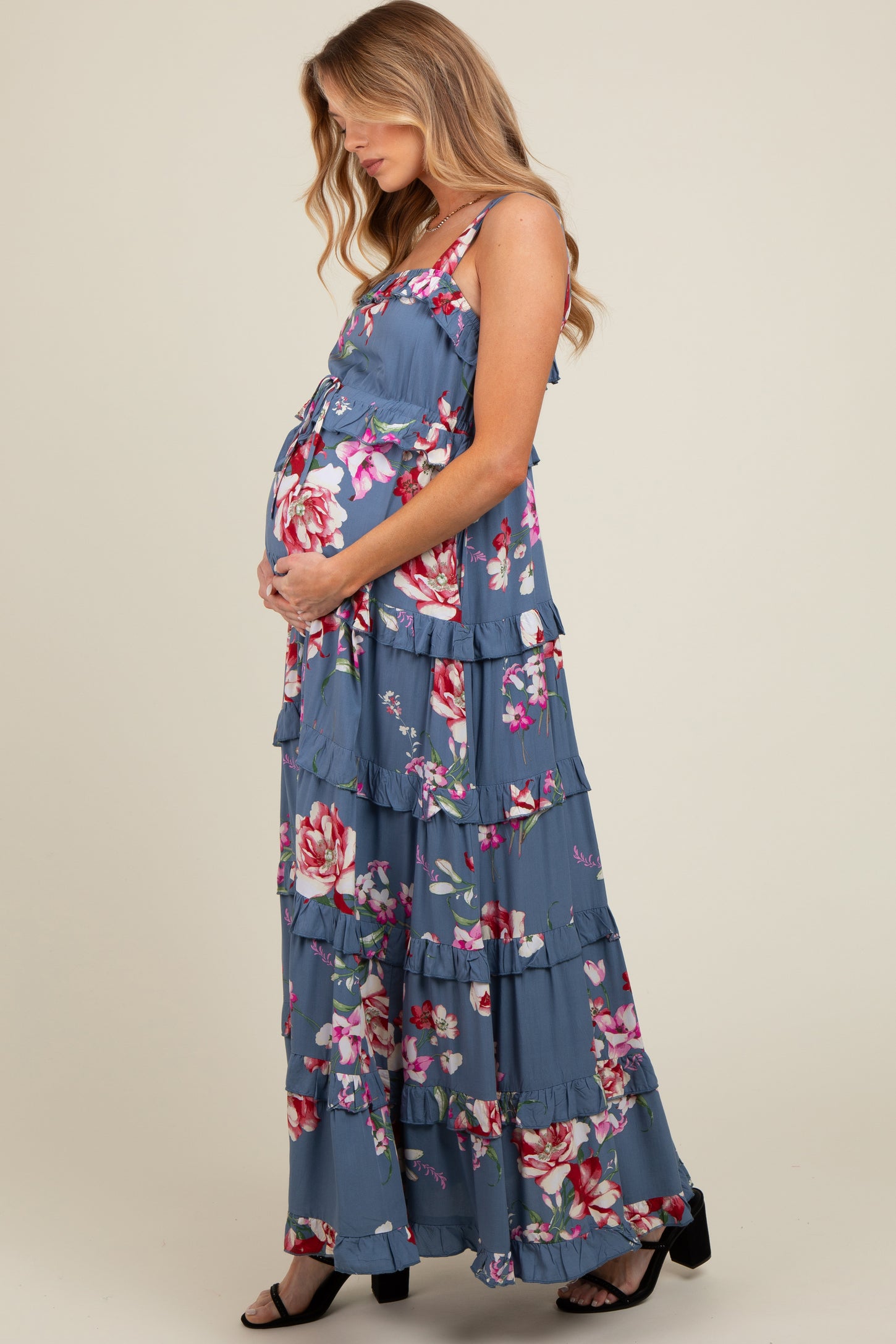 Blue Floral Sleeveless Tiered Maternity Maxi Dress