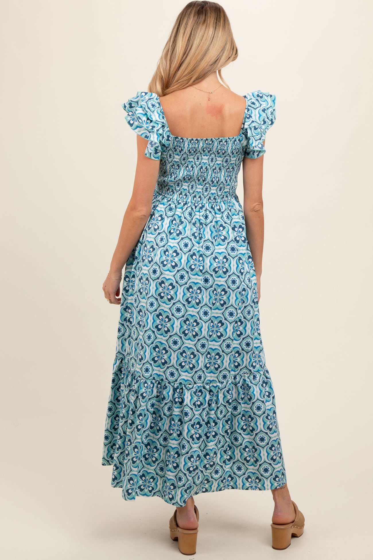 Blue Floral Smocked Flutter Cap Sleeve Maternity Maxi Dress