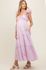 Lavender Flutter Sleeve Tiered Maternity Maxi Dress